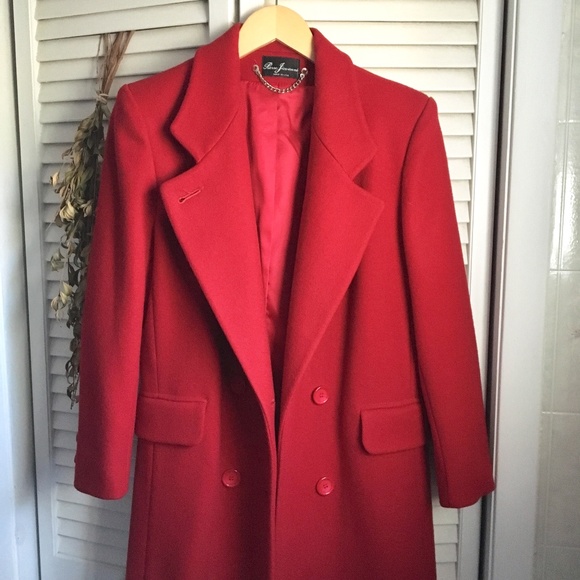 {Vintage} 100% Red Wool Long Double Breasted Coat - Picture 1 of 8